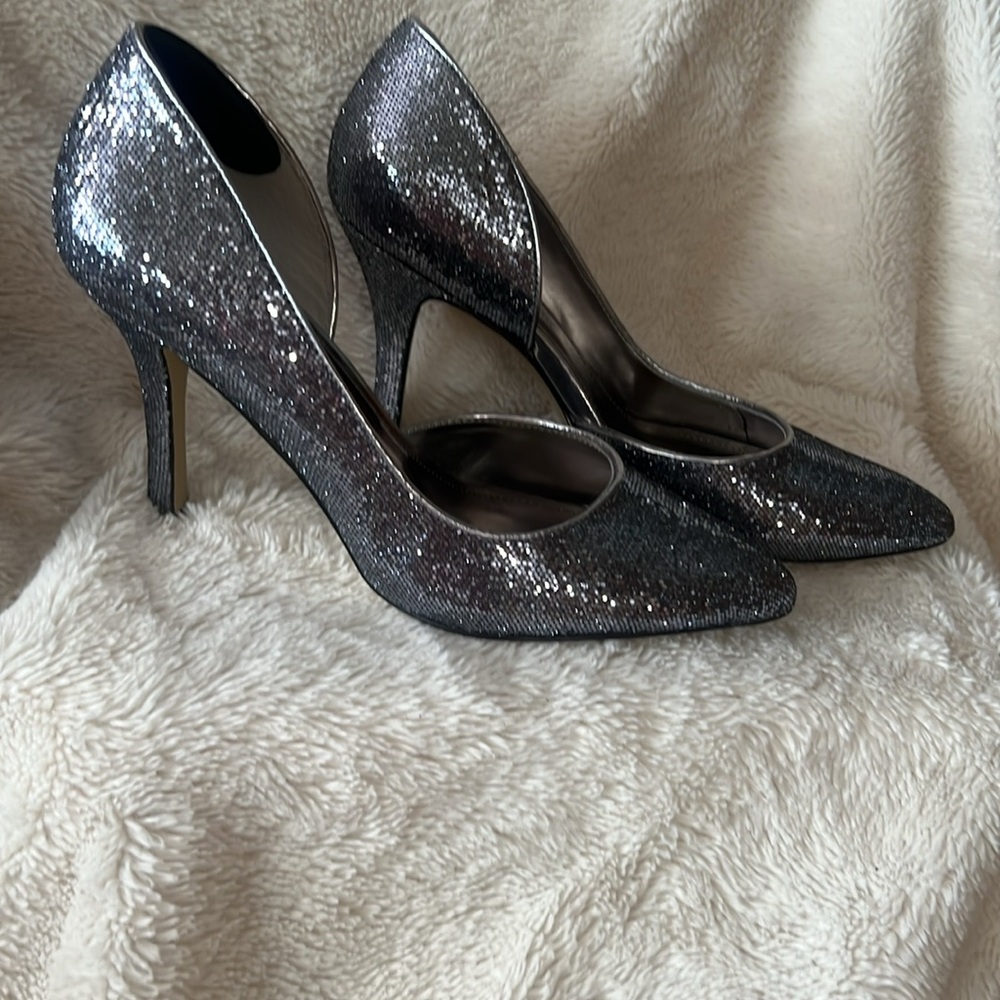 Anne Klein Pewter Sequined Heels. - Picture 2 of 8